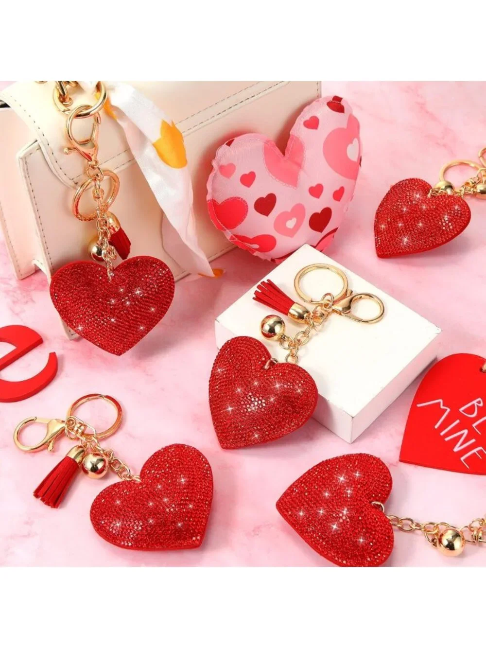12 Valentine's Day Heart Keychains - Rhinestone Glitter Bling Tassel Gifts